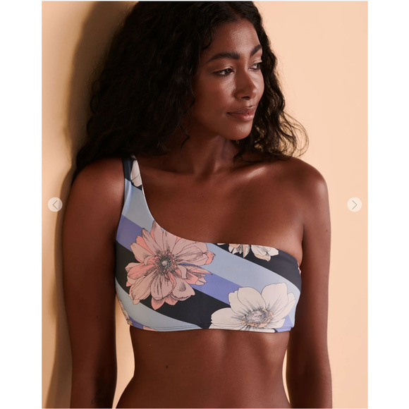 O’Neill Roxbury One Shoulder Bikini Top Swimsuit Medium Slate Retro Blooms NWT - Picture 1 of 17